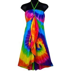New Rainbow Spiral Tie-Dye Cascade Dress Back Elastic Panel.